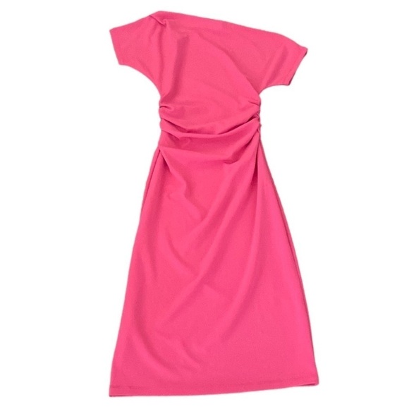 Gibson Latimer Pink Asymmetrical Neck Short Sleeve Twist Front Midi Dress size S - Picture 3 of 7